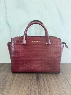 Michael Kors "Selma" Large Satchel in Merlot Croc-Embossed Leather